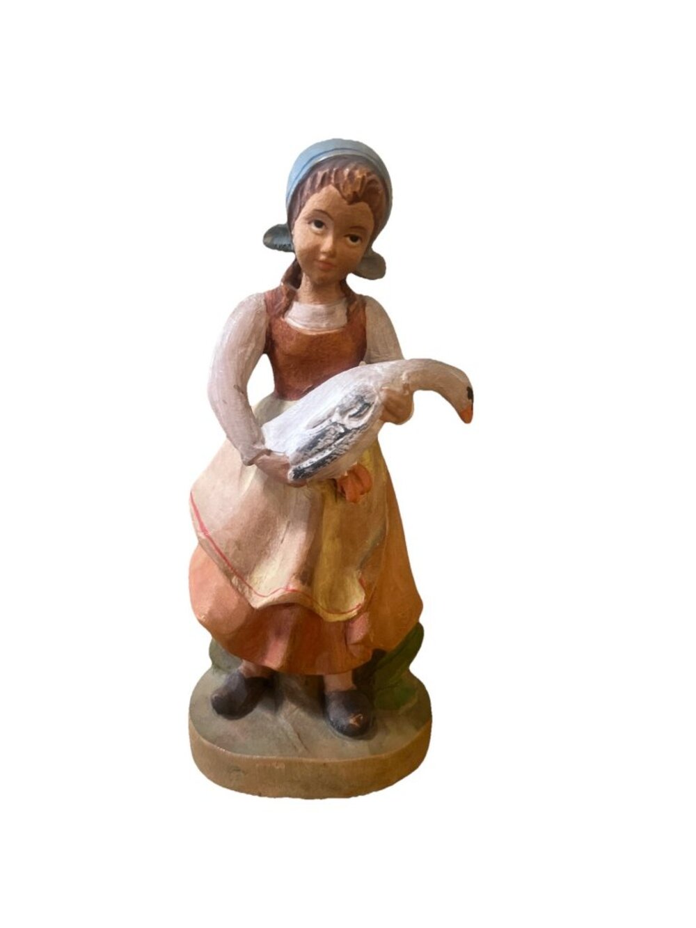 Vintage ANRI Carved Wood Goose  Girl Scarf Dress Pinafore 6 1/2" TALL